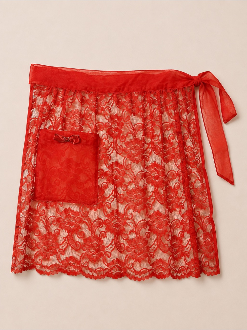 VINTAGE RED FLORAL LACE HOSTESS APRON